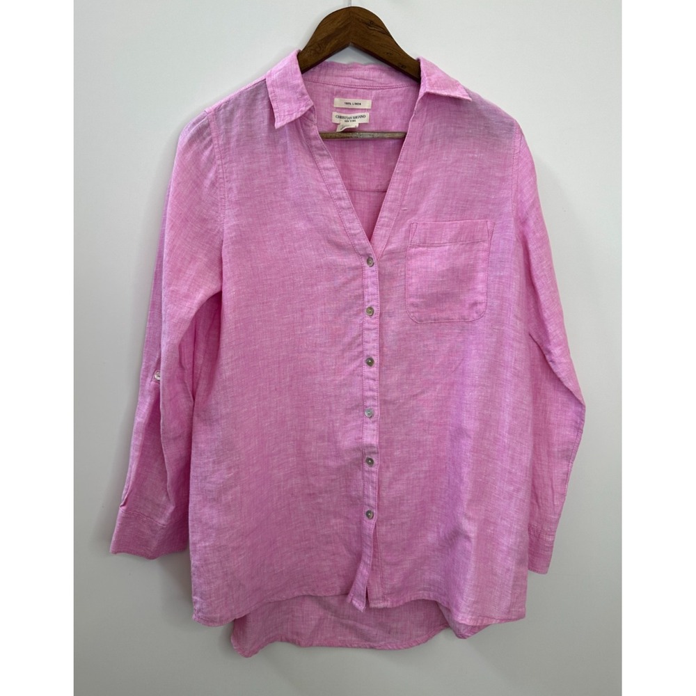 Christian Siriano 100% Linen Button Front Shirt Roll Tab Small Pink Resortwear - Picture 2 of 11